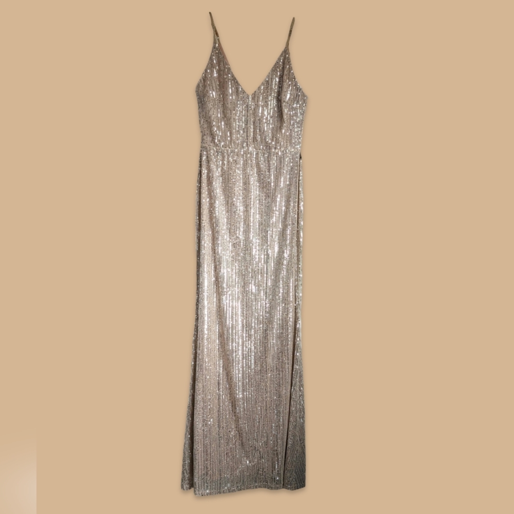 Sequence champagne spaghetti strap formal dress